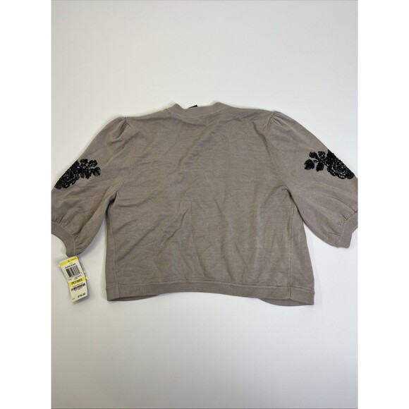 INC Cropped Cardigan Petite M Beige Floral Sequin Open Front Sweater - Picture 2 of 8